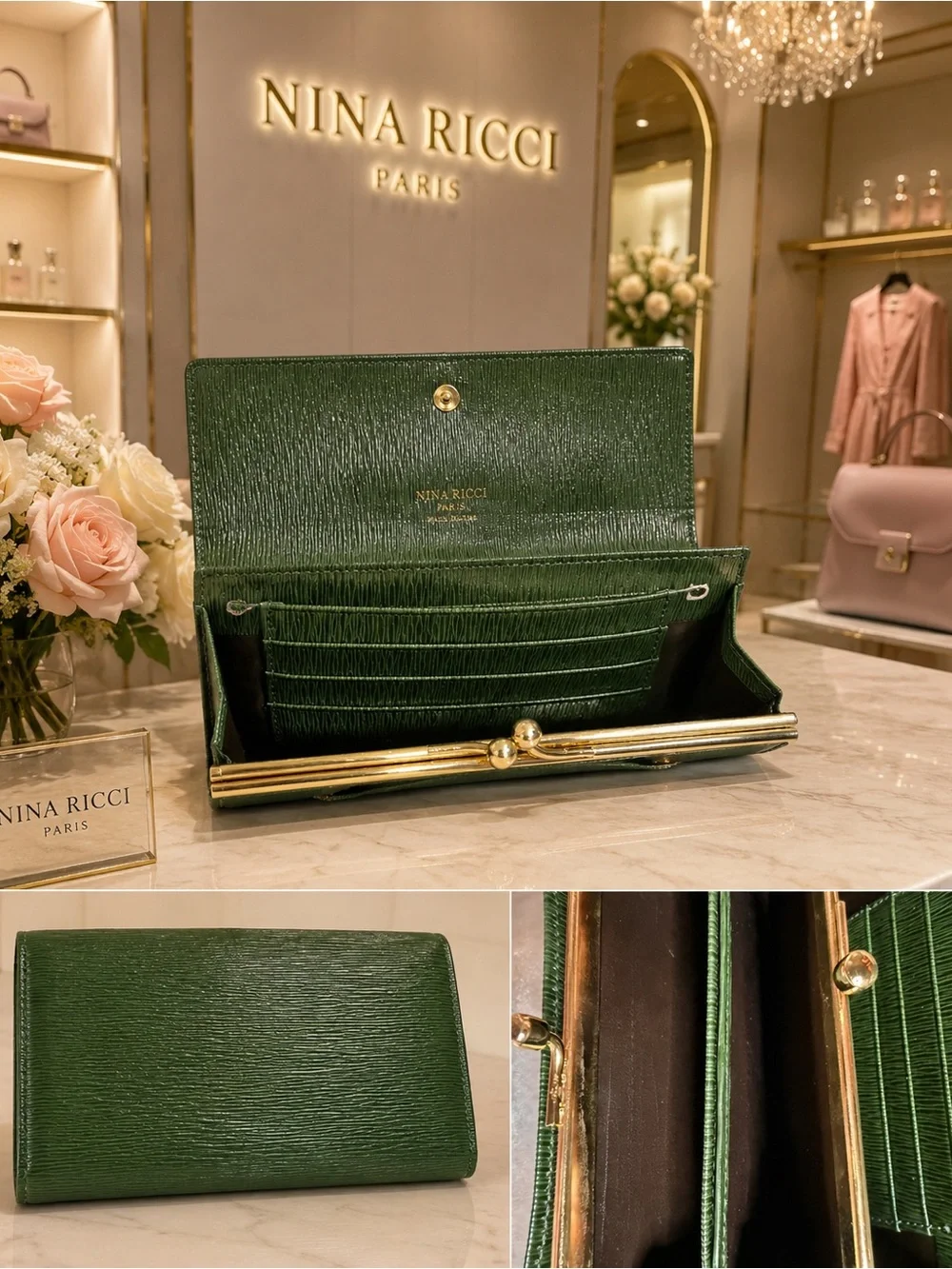 Nina Ricci Dark Green Textured Leather Clutch with Gold Accents